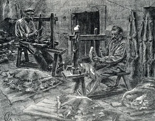 Craftsmen fleshing the sheepskins Engraving from 