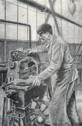 Cutting of rifle butts in a weapon factory Engraving from Pierre Calmette Private Collection