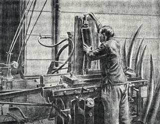 Ivory craftsman cutting elephant tusks Engraving from “Excursion a travers les metiers” by Pierre Calmette Private Collection
