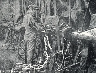 Leather industry: mechanical mowing of furs Engraving from “Excursion a travers les metiers” by Pierre Calmette Private Collection