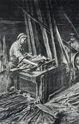 Leatherwork, the softening of the animal skins in a fuller. Engraving from Pierre Calmette Collection