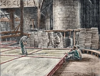 Manufacture of soaps. Engraving from Excursion a travers les metiers by Pierre Calmette