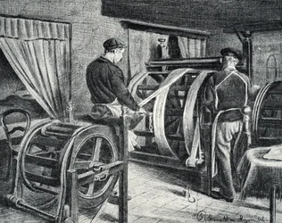 Silk work: the unrolling of the silk. Engraving from Excursion a travers les metiers by Pierre Calmette