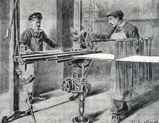 Silk workshop: the preparation of the chain at the folder Engraving from 
