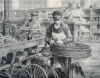 Workers fastening the spokes to the rims of a bicycle during its manufacture. Engraving from Pierre Calmette