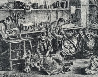 Workshop of theater and shows accessories production Engraving from Pierre Calmette Private Collection