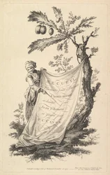 Title page: a smiling man holds a corner of a cloth tied to a fig tree and points with a s...