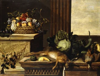 Fruit in a Wicker Basket with Figs on a Plinth, Dead Game, a Cabbage, a Melon, a Gourd and an Artichoke on a Stone Ledge, a Window Beyond