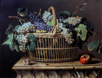 Still life of a bunch of grapes in a basket