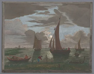 View of a Coast with Ships and Boats on the Water by Moonlight