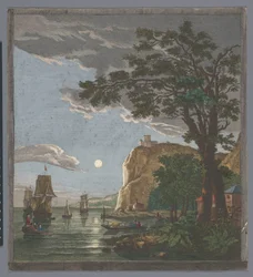 View of a Coast with Ships and Boats on the Water by Moonlight