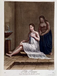 Turkish girl whose hair is braided in the bath - in "Collection of 100 prints representing different nations of the Levant in 1707 and 1708", by order of M. de Ferriol, ambassador of the king at the Porte, and updated in 1712-13 through the care of M. Le