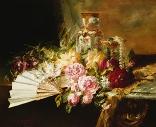 A Fan with Roses, Daisies and a Famille Rose Vase on a Draped Table
