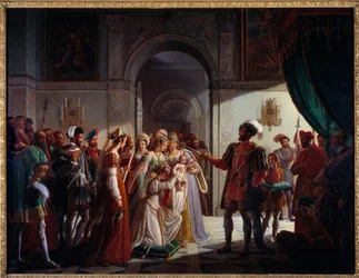 Francois I armed knight with his grandson Francois II. The young prince is accompanied by his parents Henry II and Catherine de Medici