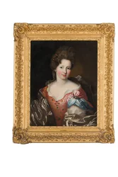 Portrait of Madame Valentinous, Half-Length, in a Red Embroidered Dress with a Blue and Grey Wrap
