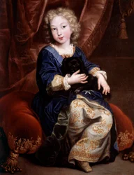 Portrait of Philippe of France, Duke of Anjou (Future Philip V of Spain) Depicts Child with His Black Dog
