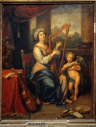 Saint Cecile singing the praises of the Lord. The saint plays the harp and is surrounded by instruments. Painting by Pierre Mignard (1612-1695)