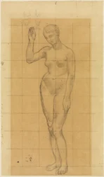 Standing Female Nude, Diagonally to the Left, Holding a Wreath in the Raised Right Hand