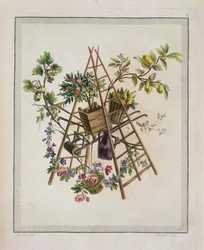 A garden textile design, from Oeuvre contenant un Receuil de Trophees, Attributs, Cartouches, Vases, Fleurs, Ornemens, et Plusieurs Dessins agreeables pour broder des Fauteuils, engraved by Etienne C