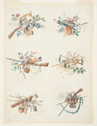 Designs for Six Trophies Composed of Hunting Attributes
