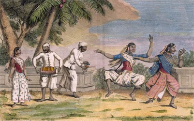 A troupe of Bayaderes, or Indian dancing girls, with male musicians, illustration from 