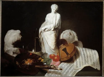 The attributes of the Arts: Palette of painter, violin, scores, sculpture by Pierre Subleyras
