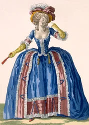 English Style Hooped Dress in Electric Blue with Burgundy Frilled Edging, Engraved by Bacquoy, Plate No.182 from 
