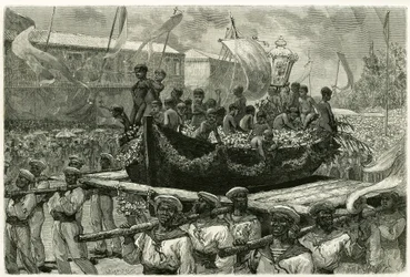 The procession of the Cirio on the eve of All Saints, religious and popular, the image of the Virgin is transported throughout the city on the canoe of a ship that disappeared in 1793, which the survivors offered ex-voto the Miraculous Virgin. Engraving by