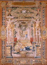 Flemish tapestry. Series Vertumnus and Pomona. Vertumnus transformed into a farmer. Central part of the lower border we see an episode about the loves of Jupiter: Danaë. Second tapestry in the series. Model Circle of Pieter Coecke van Aelst. Manufacture Wi