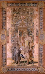 Flemish Tapestry. Series Vertumnus and Pomona. Vertumnus Transformed into a Warrior. Fourth Tapestry in the Series. Model Circle of Pieter Coecke van Aelst. Manufacture Wilhelm Pannemaker, Brussels. Ca1545-1550. Fabric Gold, Silver, Silk and Wool.