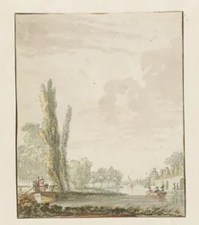 View Along a River with a Tea Pavilion on the Right