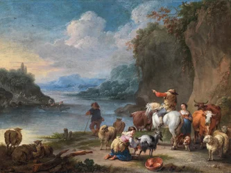 Drovers and Their Herd Resting Beside a River