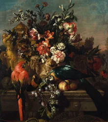 Carnations and other flowers with parrots on a pedestal