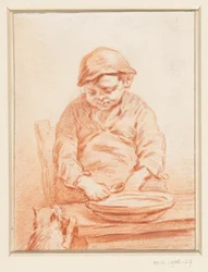 Boy Eating Porridge with Cat