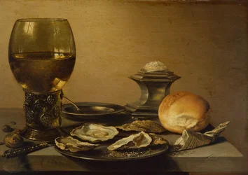 A Breakfast Still Life of Oysters, Salt Bread and Nuts