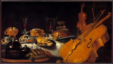 Still life with musical instruments, a turtle, a pie, a glass of wine and bread (1597-1661), Dutch school, 1623, Sun. 0.69 x 1.22 m
