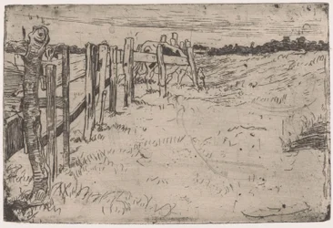Grazing Cow by a Fence in a Meadow