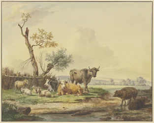 Livestock in a Pasture by a Fence, Two Pigs at Right