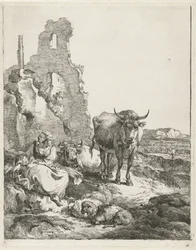 Landscape with Standing and Lying Cow and Shepherdess in Front of a Ruin
