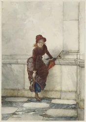 Standing Young Woman Leaning Against a Wall