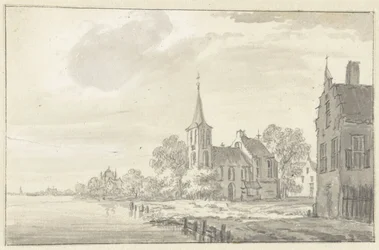 Village Church and Houses by a River