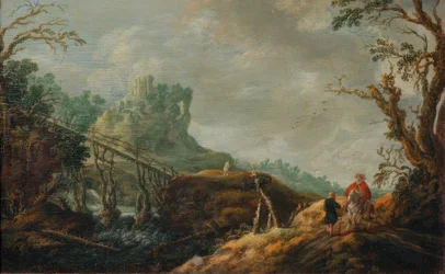River Landscape with Wooden Bridge and Ruin