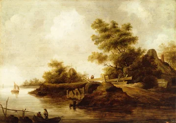 A River Landscape with Figures in a Boat and a Traveller on a Bridge
