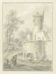 Landscape with Angler and Walking Woman by a Fortress Tower