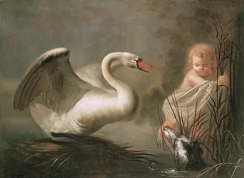 A Swan guarding its Nest from a Child and a Spaniel