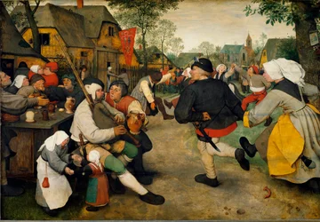 Peasant Dance. A man plays bagpipes alongside an alcoholic. Behind them with the flag is a brothel while the villagers dance and have fun.