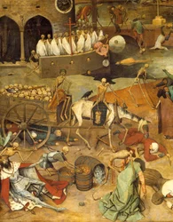 The Triumph of Death. Death pulls the cart from the corpses. Bodies of warriors and kings lie on the ground. Painting by Pieter Bruegel (or Breugel or Brueghel or Breughel) the Elder (1525-1569), 16th century. H. 117 x 162 cm. Museo del Prado, Madrid
