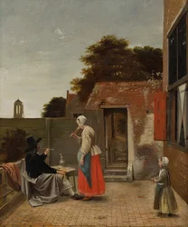 A Man Smoking and a Woman Drinking in a Courtyard