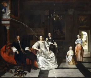 Group Portrait of the Jacott-Hoppesack Family with a Hound in a Sumptuous Classical Interior, a Lady and Gentleman Strolling in a Park Through a Doorway Beyond