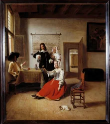 The Drinker. An alcoholic woman in a Flemish house surrounded by other drinkers. Painting by Pieter de Hooch (1629-1684), 1658. H. 0.69 x 0.6 m - Woman Drinking with Soldiers. Interior of a Flemish House. Painting by Pieter de Hooch (1629-1684)